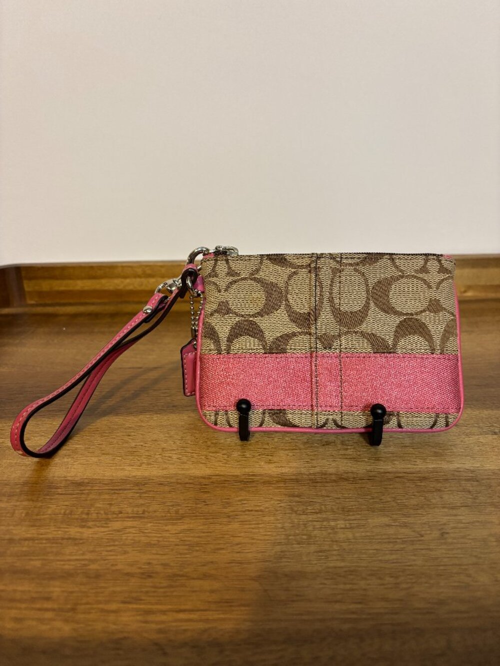 Coach Signature Khaki Pink Stripe Wristlet